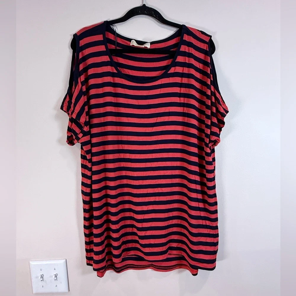 🔥Michael Kors Women’s Striped Cold-Shoulder Top in Red and Navy Size 2X EC🔥